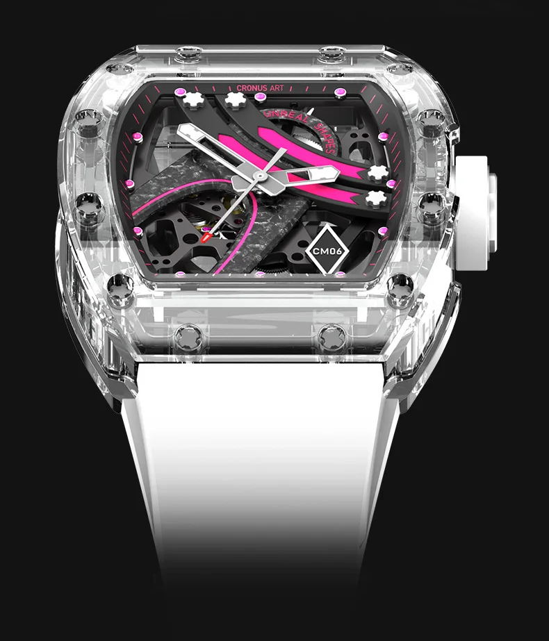 Reloj Automático CRONUSART para hombre, reloj de pulsera mecánico Tonneau de lujo, caja de cristal, correa luminosa de fluororubber, esqueleto