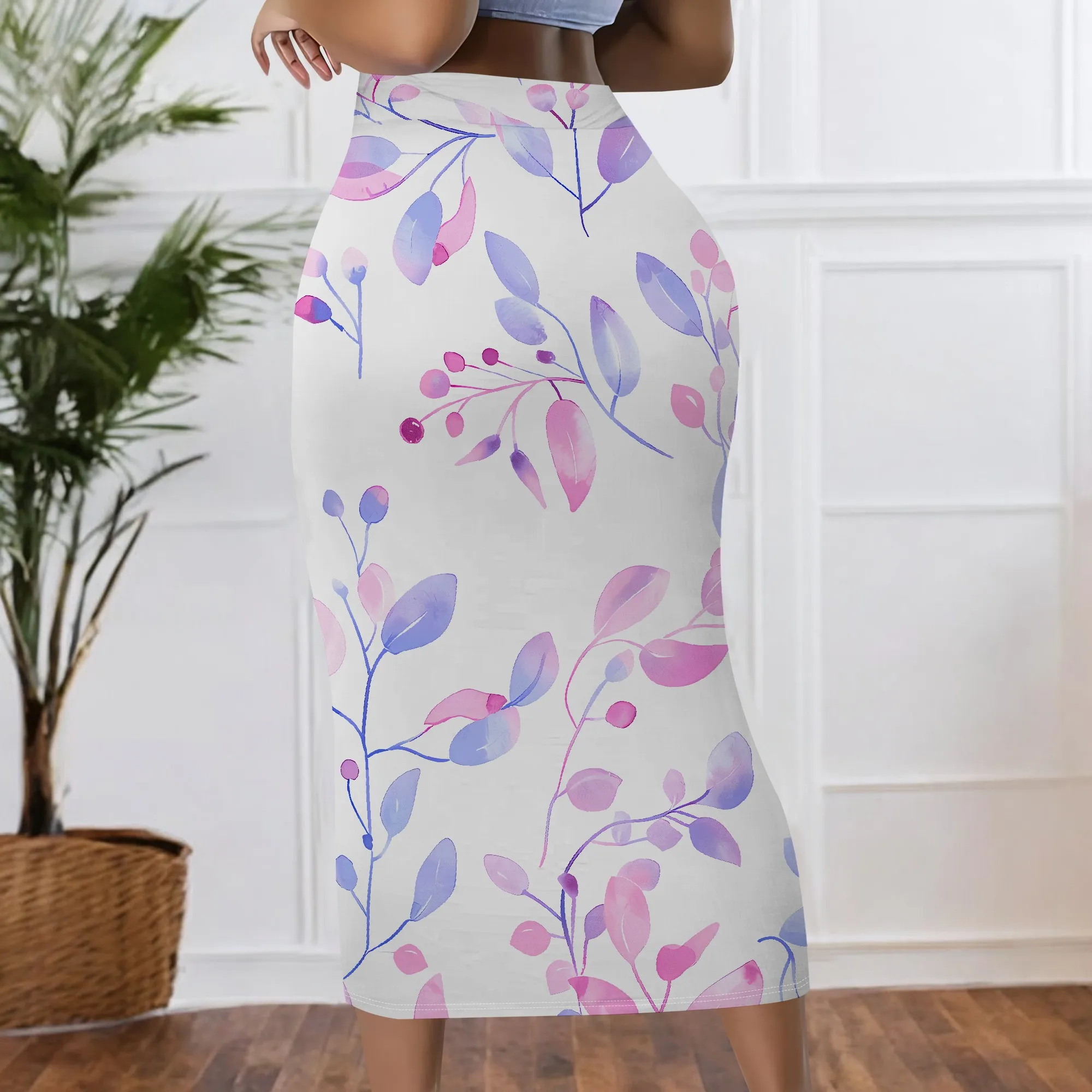 Aquarell-Blumen-Midirock, lila-rosa Blätter-Print, Bleistiftrock mit elastischem Bund, Büro- und Partykleidung, S-2XL – Detail 4