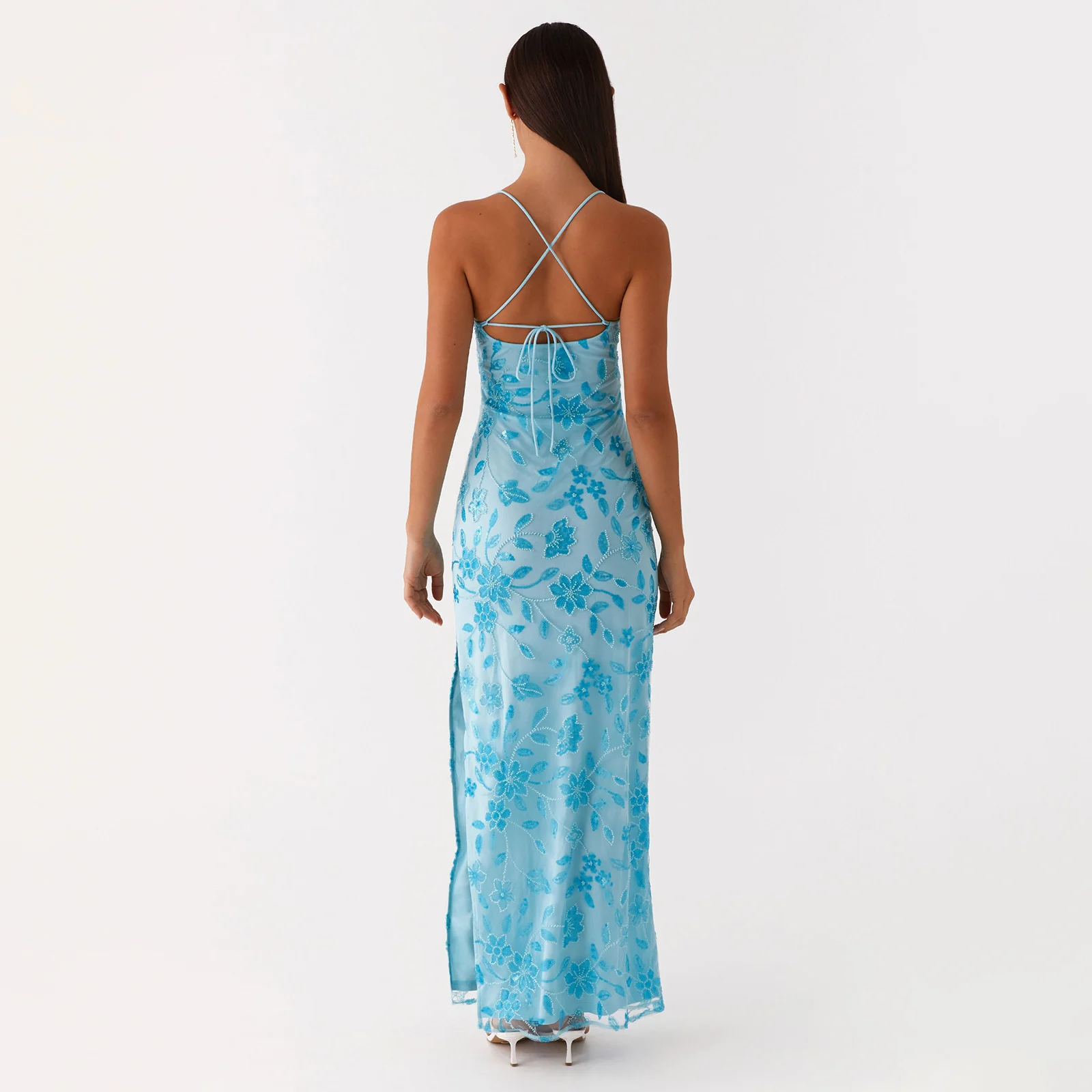 Kobiety Seksowna sukienka z cekinami z koralikami Sparkly Maxi Dress y2k Coquette Square Neck Floral Cami Side Split Glitter Bodycon Long Dress Clubwear