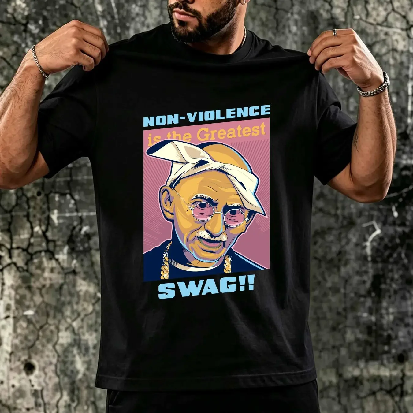 washed T Shirt Ghandi Parody Gangsta Rap Music Hip Hop Mens Cotton Top long or short sleeves vintage Washed Comfortable Soft