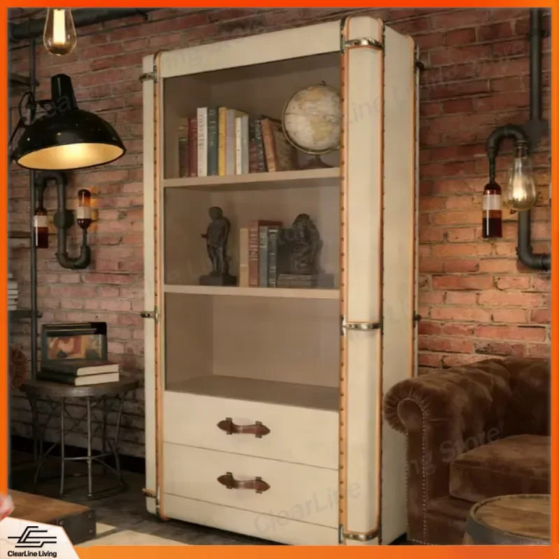 Vintage Solid Wood Bookcase Antique Style Rivet Library Shelf Storage Cabinet Living Room Study Furniture Home Decor Display