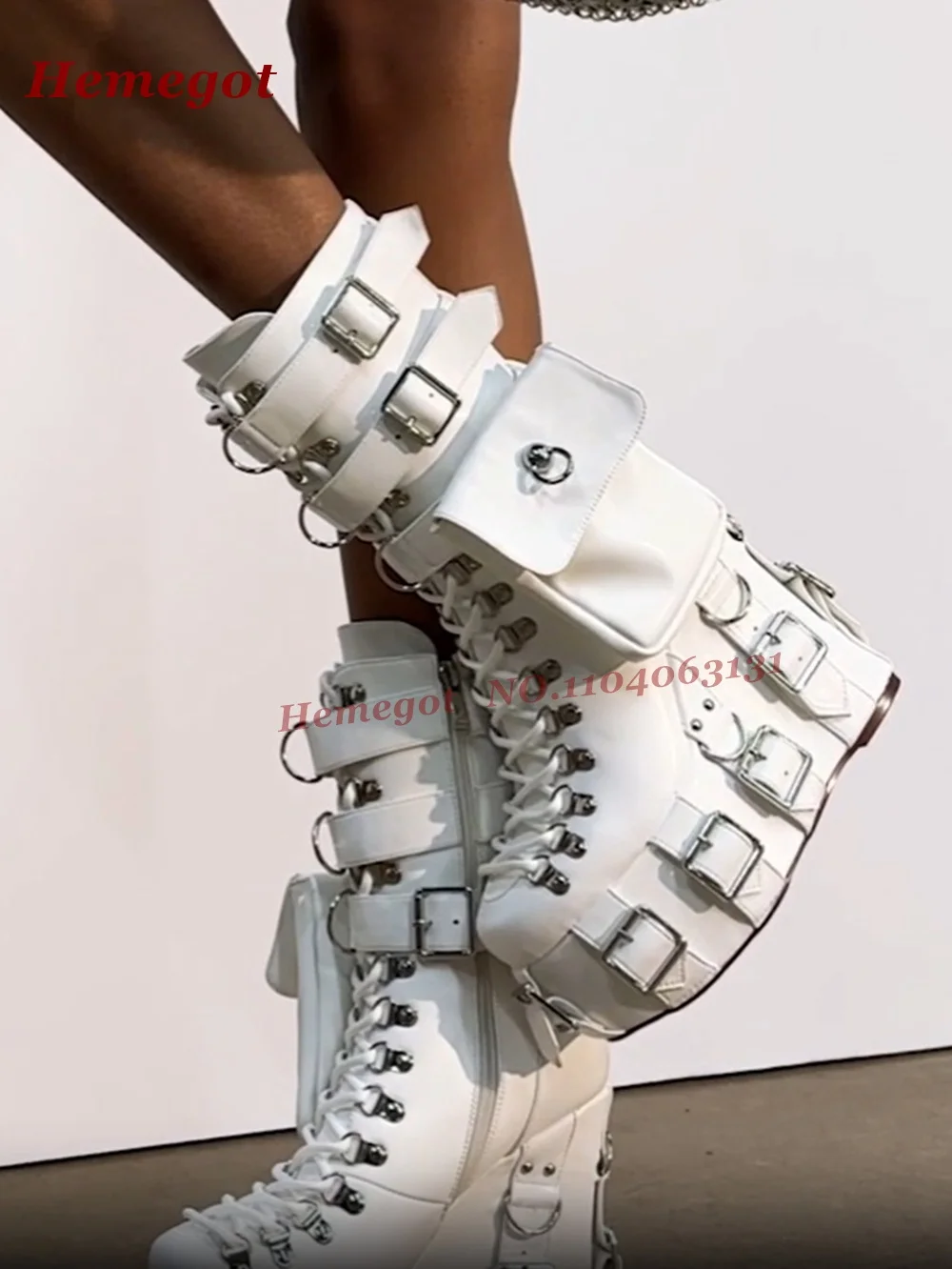 

White Platform Multi-Buckled Ankle Boots Round Toe Pocket Decor Wedges Women's Boots Solid Glossy 2025 New Winter Gladiator Shoe