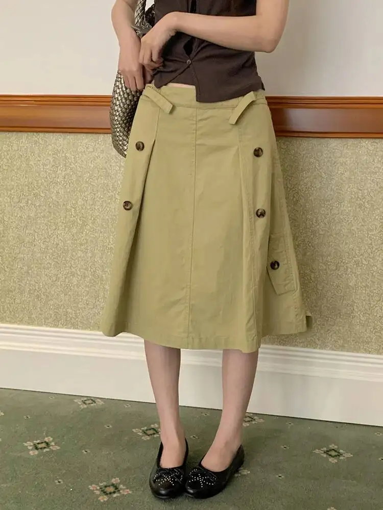 High Waist Khaki Button Elegant A-line Fold Button Half-body Skirt Women Fashion Tide New Spring Autumn