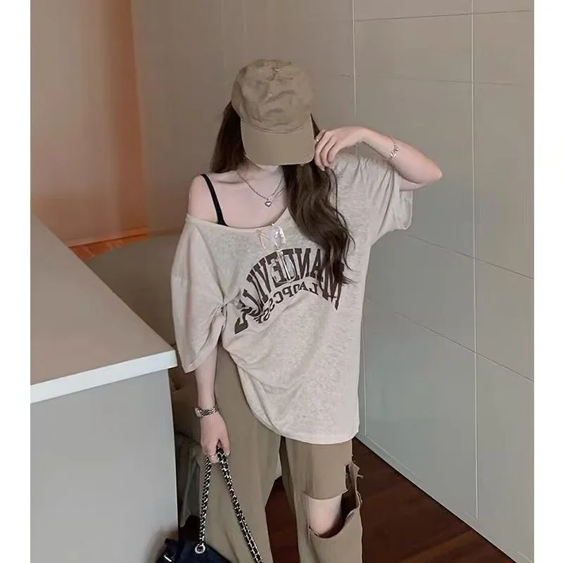 Plus Size Dames T-shirt Dun Losse Korte Mouw Grote V-hals Zomerdesign Casual Veelzijdige Top voor en bijpassende broeken