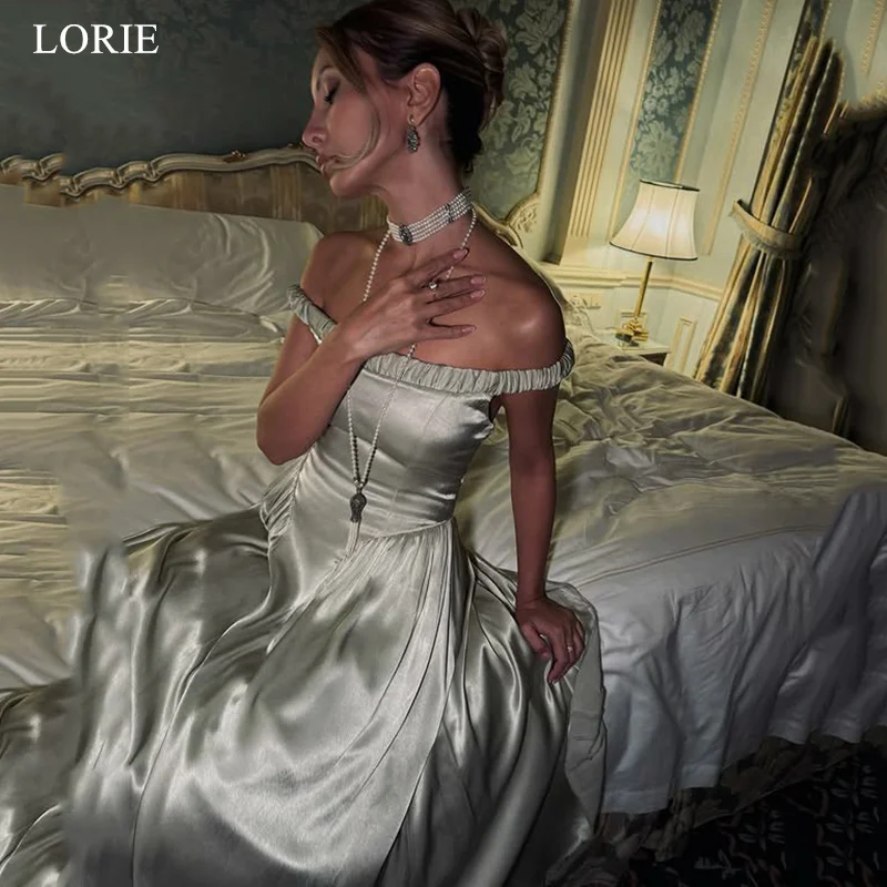 

LORIE Elegant Off The Shoulder Satin Party Dresses Green Ruched Evening Prom Dress Draped A-Line Prom Gown Customized