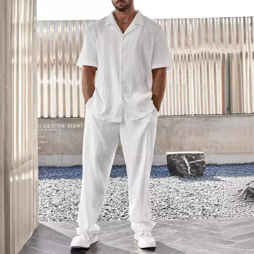 

New Men's Commuter Suit Casual Button Shirt and Short Sleeve Pants Two-piece Set for Men