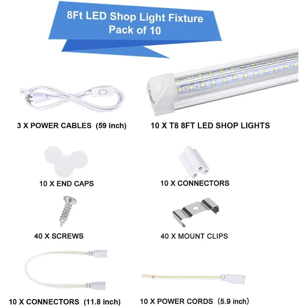 10パック 8フィート ホワイト LED T8 ショップライト、72W 9500ルーメン、6500K デイライト、高出力クリアカバー、V字型270度ビーム