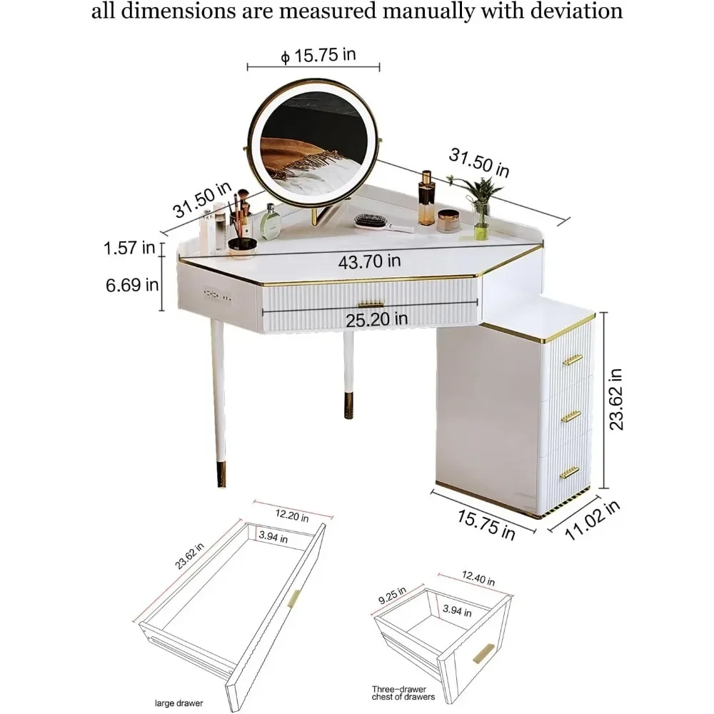 Makeup Vanity Desk with Mirror and Lights, Corner Vanity Desk, Vanity Table with 4 Drawers, With Power Strip and Nightstand