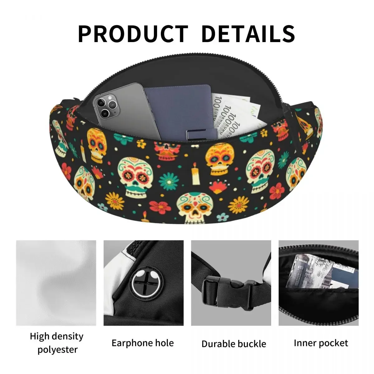 Bolsa Cintura Crossbody para Homens e Mulheres, Bolsa de Dinheiro, Fanny Pack, Flor Mexicana, Caveira de Açúcar, Viagem, Caminhada, Telefone, Moda