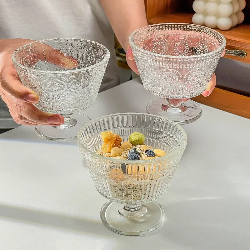 

Vintage Relief Flower Glass Cup Home Ice Cream Dessert Bowl Kitchen Gadgets Cocktail Glass Cup m
