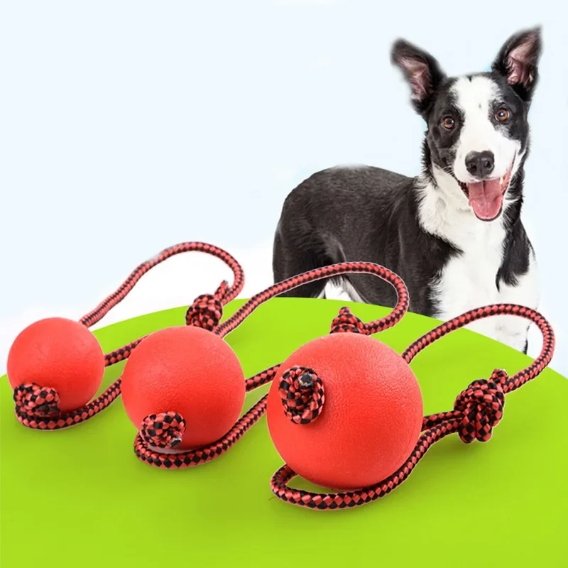 Bola de entrenamiento de goma sólida para masticar perros, juguetes para limpiar los dientes, pelota para masticar para cachorros, juego de mascotas, juguete de entrenamiento para masticar con mango de cuerda