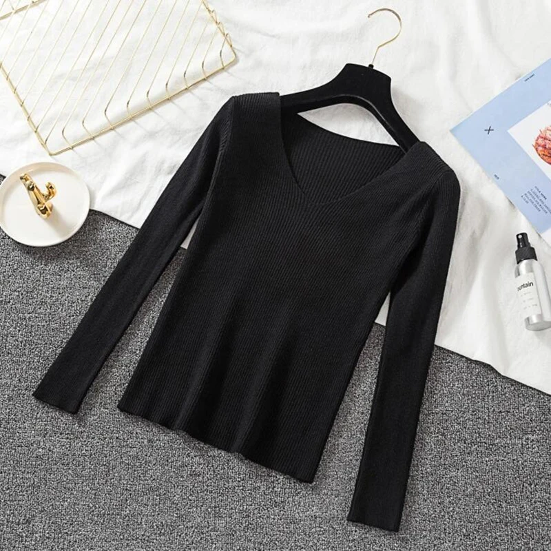 Zoki New  Women Sweater Autumn Long Sleeve Pullover Basic Top Fashion V-neck Elastic Female Winter Solid Knitted Jumper