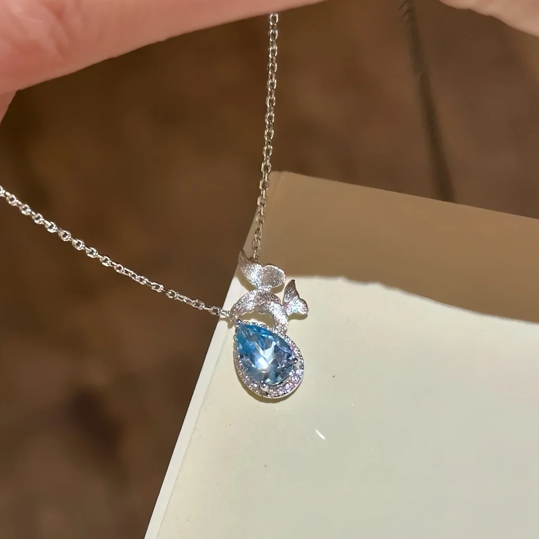 925 Sterling Silver Light‑Luxury Fashion Ethereal Brushed‑Finish Butterfly Wing Water‑Drop Blue Necklace
