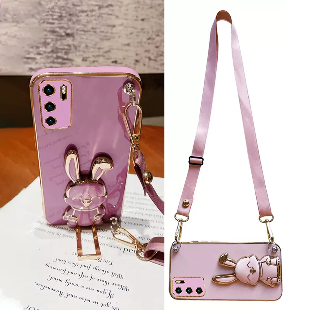 Crossbody Lanyard Rabbit Phone Holder Case For Huawei P30 P40 P50 Pro P20 Lite Mate 20 30 40 Pro Shockproof Stand Plating Cover