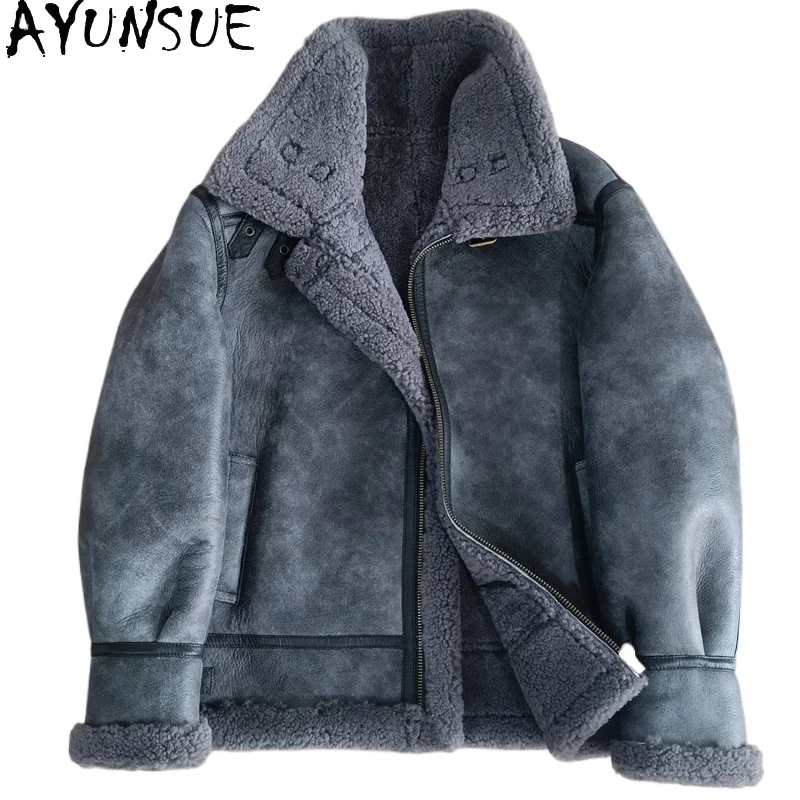 

AYUNAUE Natural Fur Coat Men Warm Genuine Sheepskin Leather Jackets Man Motorcycle Jacket Real Lamb Wool Fur Coats Chaquetas