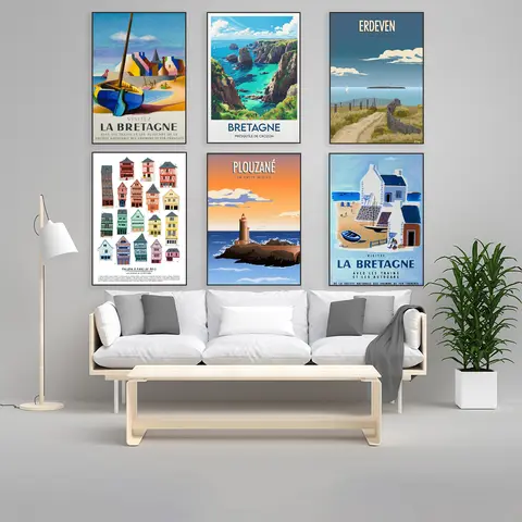 Brittany cartel, Faro in Brittany, Praia, Costa Amor, Brittany viaduct, Saint-Malo cartel, Plouzanne travel poster, France