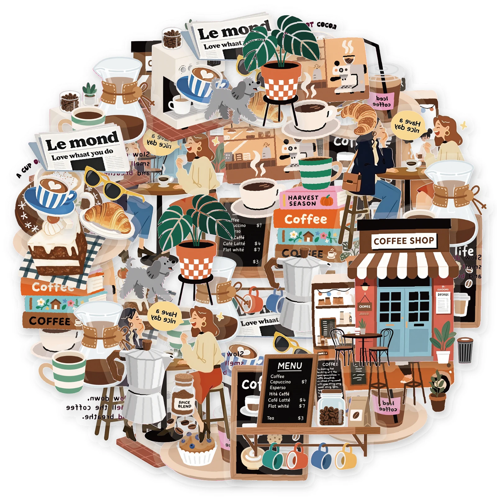 30pcs Afternoon Tea Mocha Casual Pattern Stickers for Laptops, Phone Cases, Suitcases, Albums, Store Decorations, Kids' Stickers