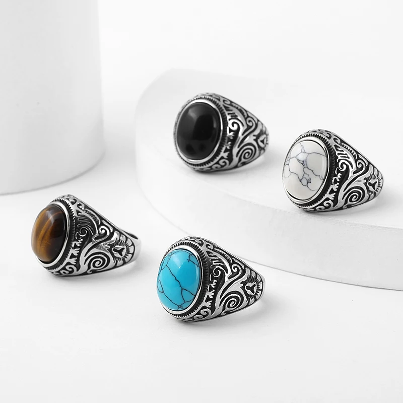 Fashion Vintage Man Boy Oval Blue Eye Stones Ring in Stainless Steel Jewelry Mens Accessories Anel Aneis Wedding Gift