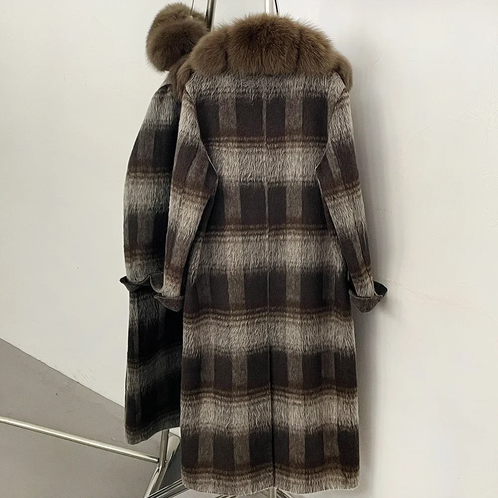 OFTBUY New Warm Winter Outerwear for Female Mid Long 100% Wool Coat Women Real Fox Fur Lapel Collar Vintage Plaid Woolen Jacket