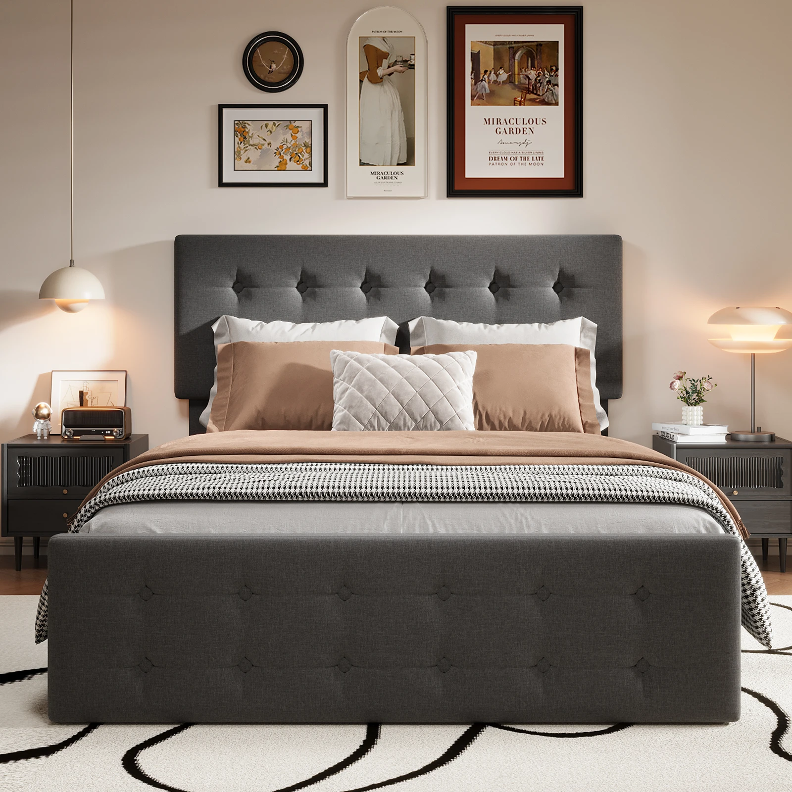 4-Drawer Storage Upholstered Platform Bed Frame with Adjustable Button-Tufted Headboard - Wood Slat Support, No Box Spring Needed - Faux Leather/Linen Options