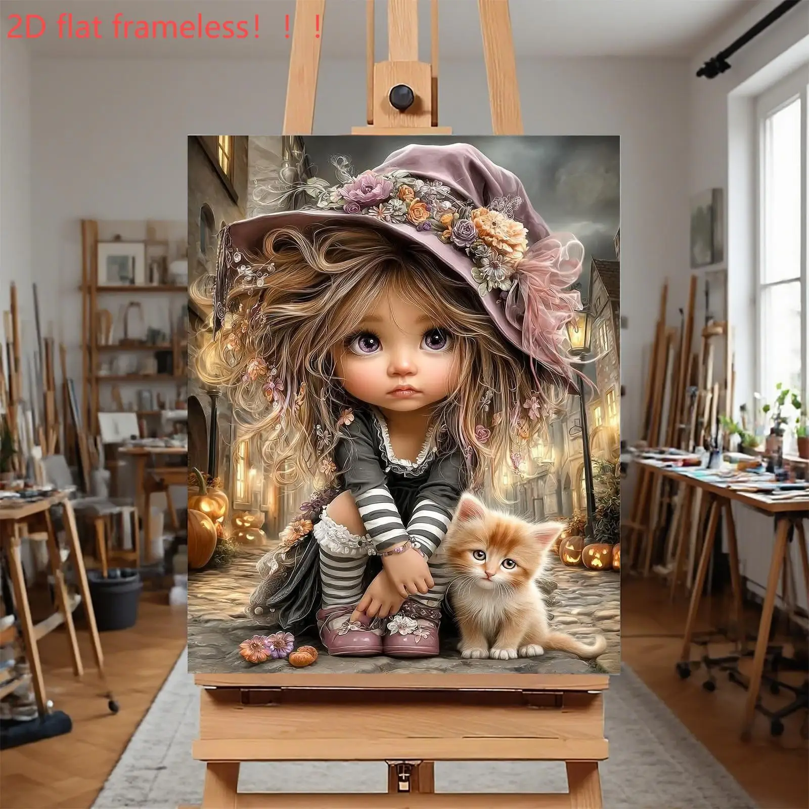 Professional Art Use: A Frameless Adult DIY Digital Oil Painting Kit Featuring a Cute Girl with a Floral Hat and an Adorable Kit