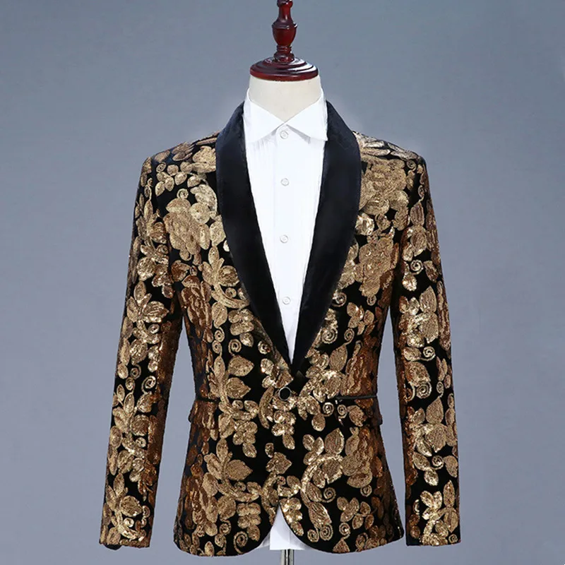 Men's Velvet Floral Embroidery Suit Jackets Male Wedding Banquet Formal Blazers Evening Party Singer Host Photo Shoot Tuxedo