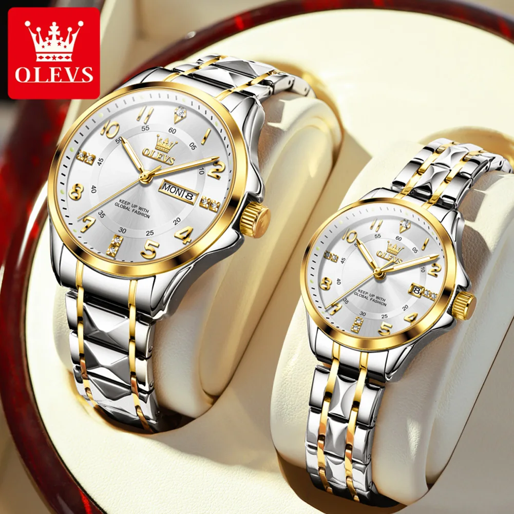 OLEVS Luxury Fashion Couple Watches Top Brand Stainless Steel Original Quartz Watch for Lover Double Scale Waterproof Date Week