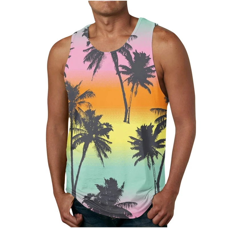 Tank Top kebugaran untuk pria, pakaian kasual 3d Tank Top bergaris Hawai motif bunga musim panas tanpa lengan kaus binaraga kasual rompi