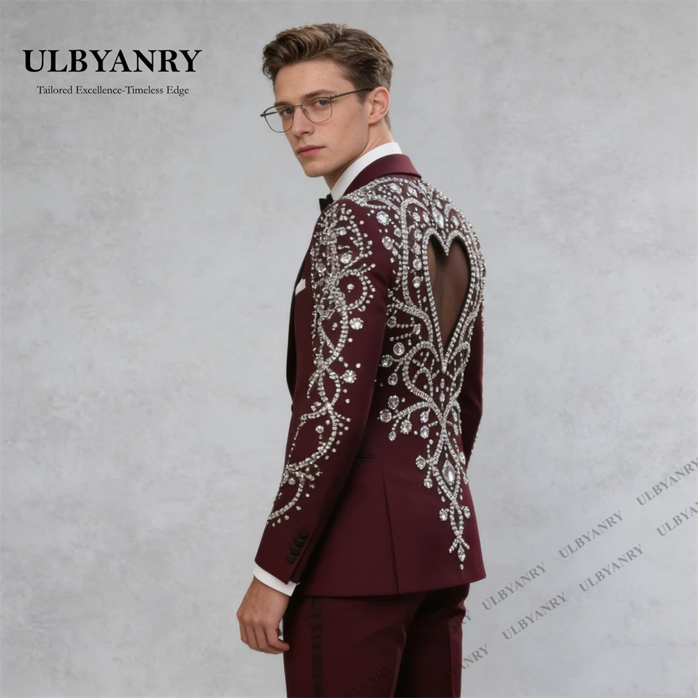 

ULBYANRY Luxury Beaded Men's Formal Burgundy Suit Jacket Pants Cut-Out Back Prom Suit Attires Customized Wedding Suits