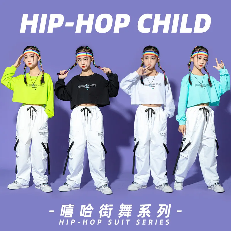 

Kids Hip Hop Clothing Crop Top Long Sleeve T Shirt Tee White Streetwear Tactical Cargo Pants for Girl Jazz Dance Costume Clothes