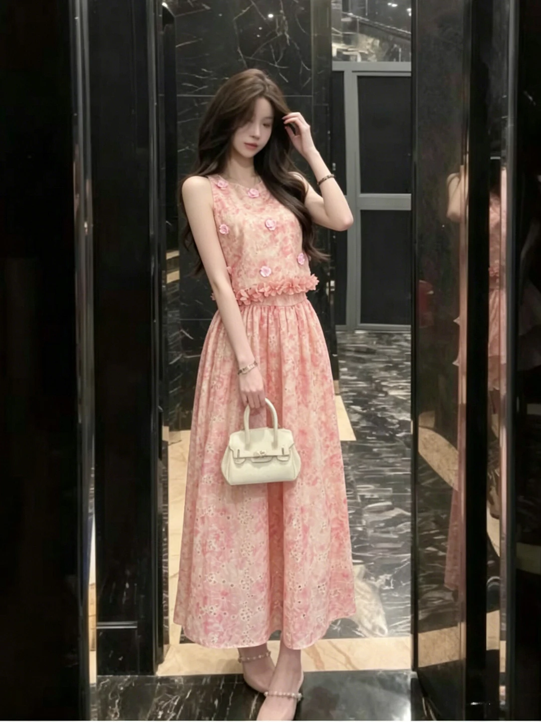 

Gentle Wind Floral Print Top And Skirt Set Cute Summer Outfit High Waist Long Skirt Comfortable Short Sleeve round Neck Design