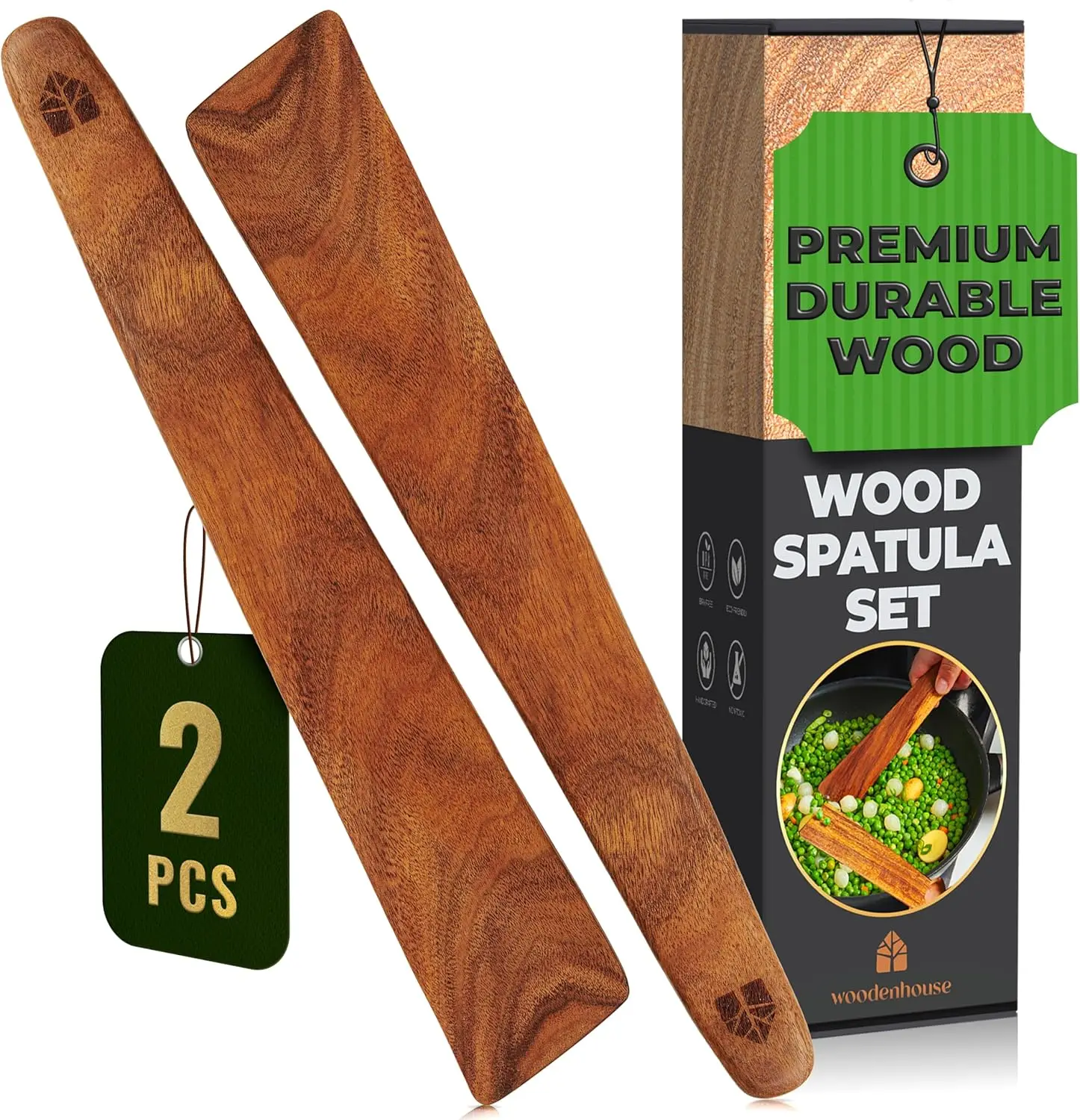 Wooden Spatula for Cooking Set of 2-12 Inch Teak Spatula for Non Stick Frying Pan - Turner & Flipper for Cast Iron, Egg & Pancak