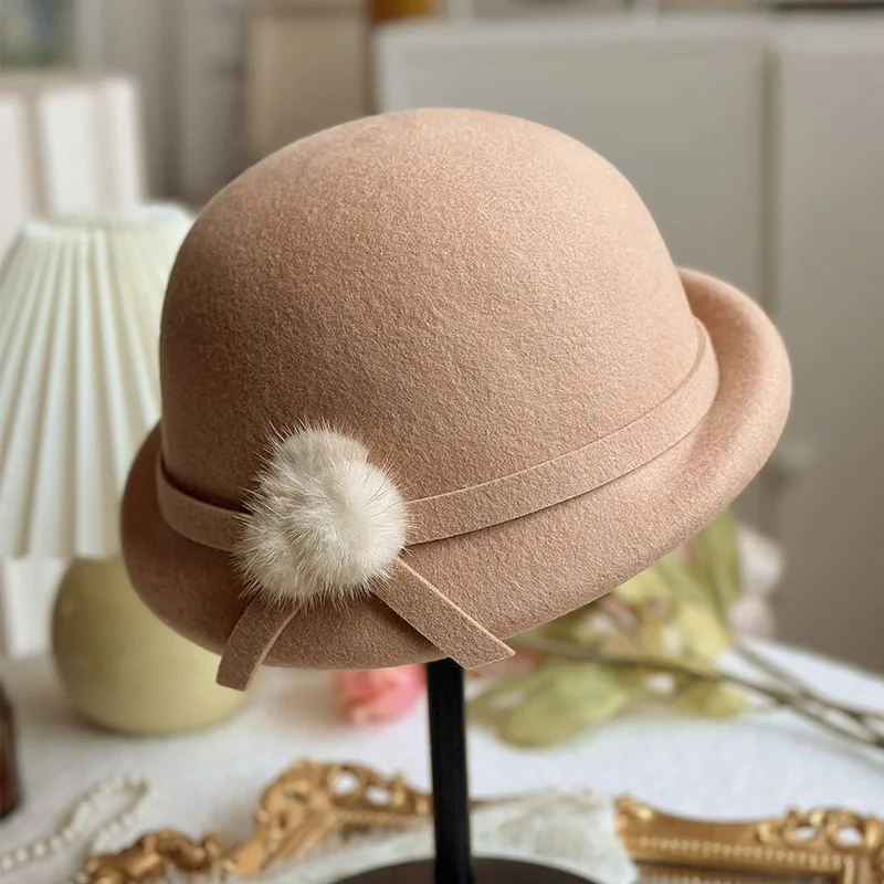 

100% шерстяные шляпы в стиле ретро, женские шапки из кроличьего меха, свадебная коктейльная вечеринка, церковный берет с рулонной ободкой, элегантные кепки, высококачественная фетровая шляпа