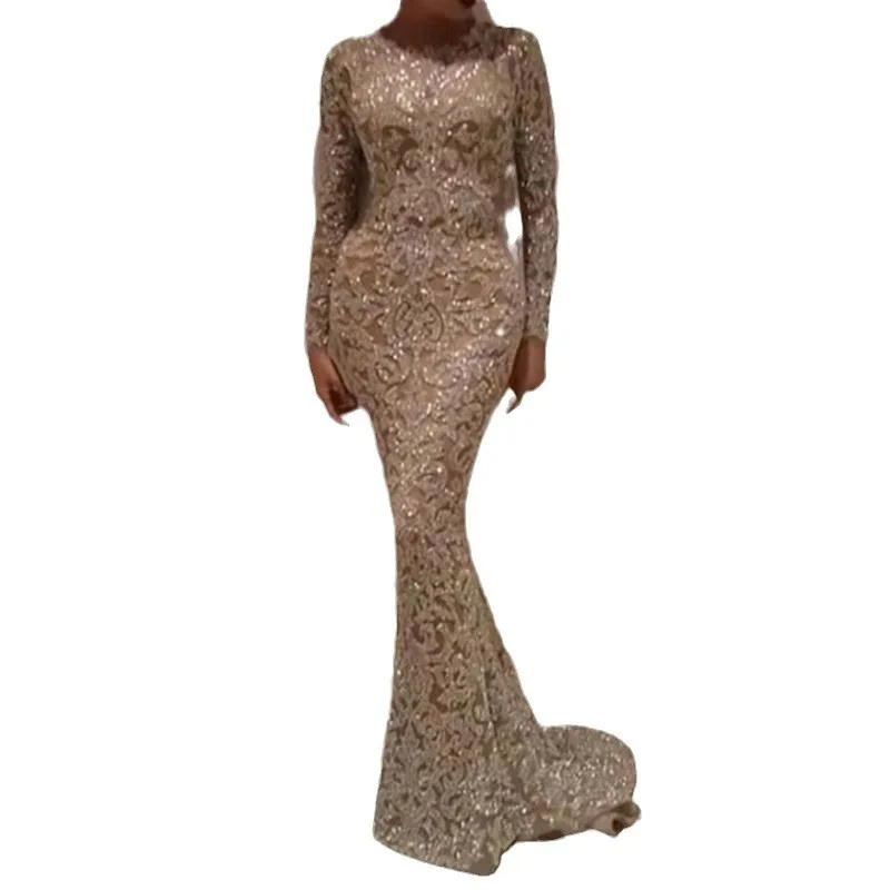 

Small Batch 2025 Spring New Women's Clothing Hot Stamping Sleeved Slim Fit Sexy Long Skirt Evening Dress