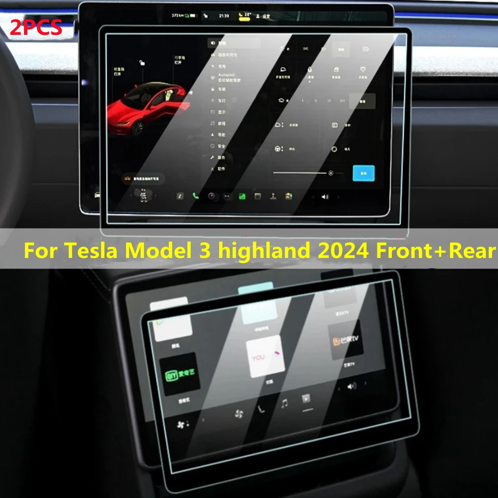 ​For Tesla Model 3 Highland 2024 15-inch Touch Screen Protector Cover + 8-inch Rear Row Display Tempered Glass HD Transparent