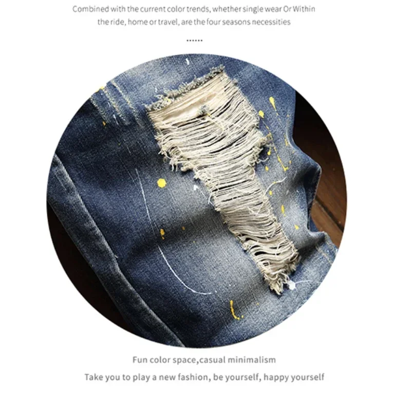 Denim Shorts Men\'s Fashion Scratch ripped Beggar Jeans Short Personality Paint  Summer Five Points Pants