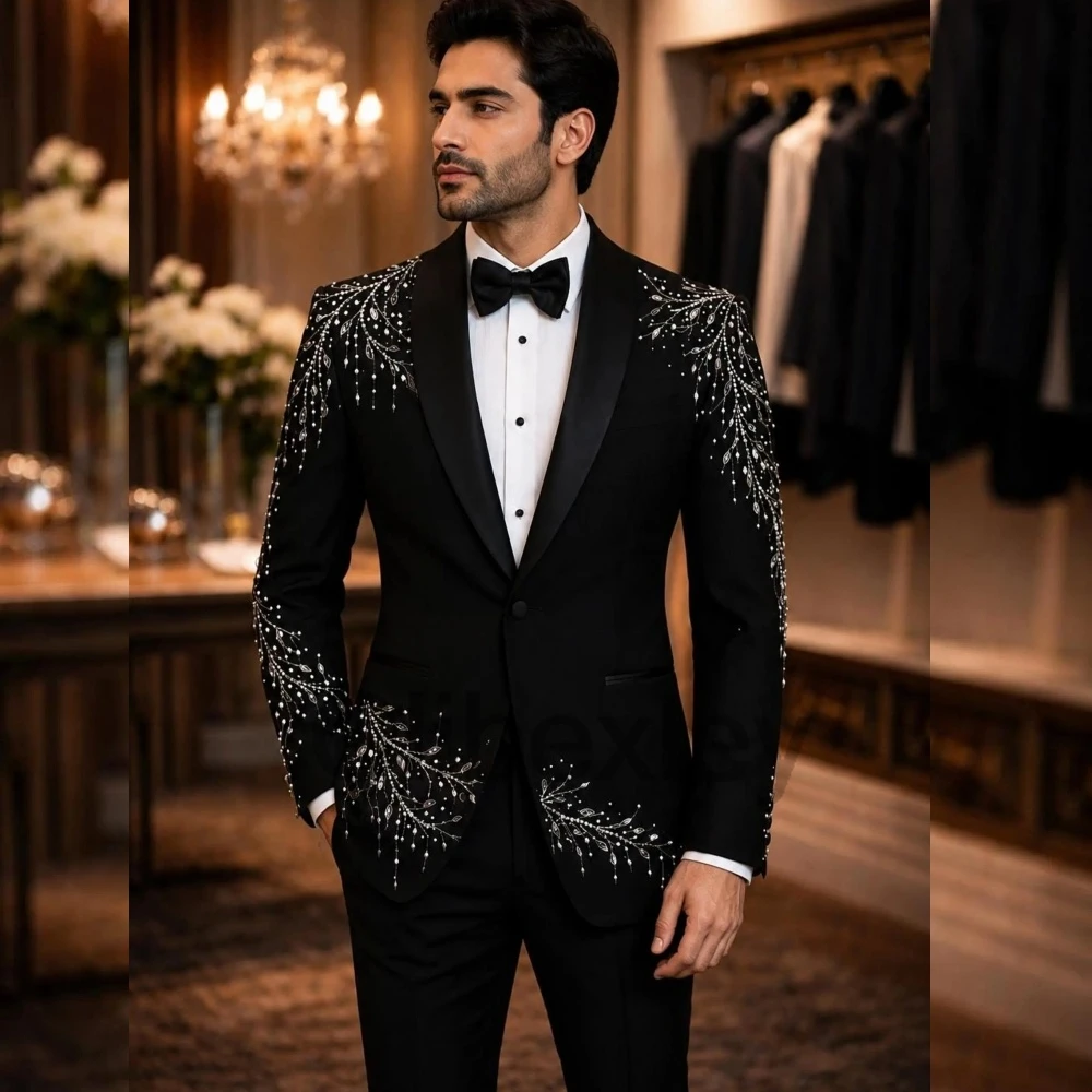 Olibexley Luxury Black 2 Piece Men's Suit Set Tuxedo Wedding Rhinestone Embroidery Beaded Blazer Prom Pants Customized S419