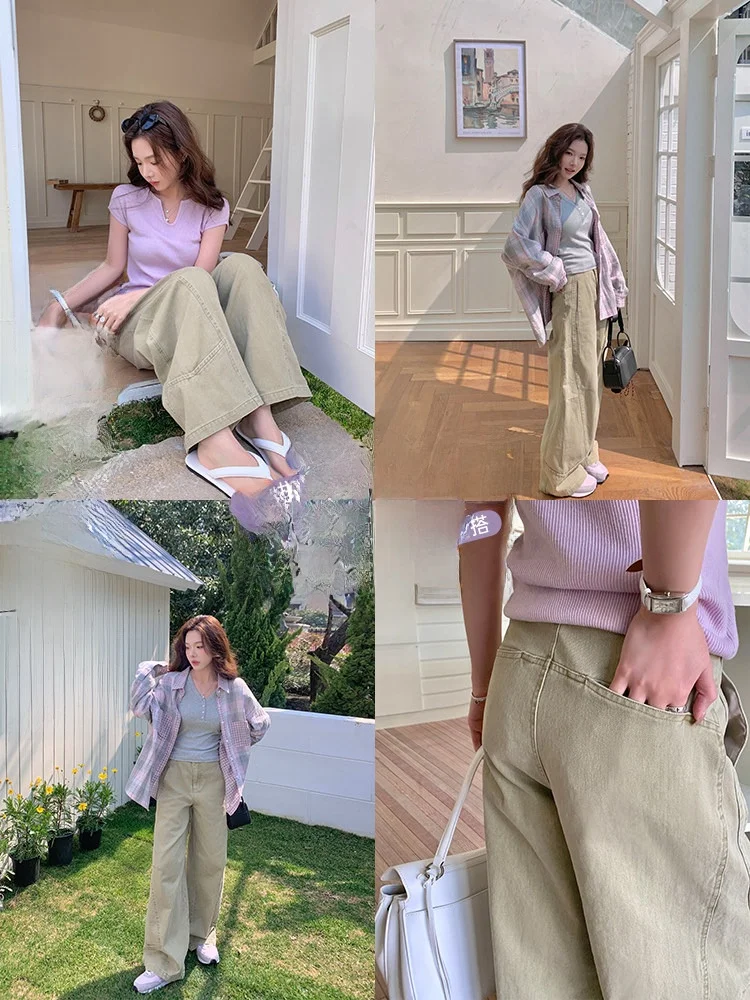 

Джинсы прямого кроя из хлопка серии Outdoor Mountain, цвет хаки, с широкими штанинами и дизайном «коса», повседневные, комфортные