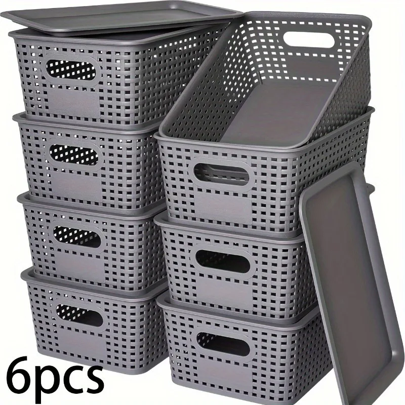 

6pcs Stackable Storage Bins with Lids, Heavy Duty Plastic Organizer Containers for Home Office, 10.2x7.2x4.1 Inch Shelf Basket