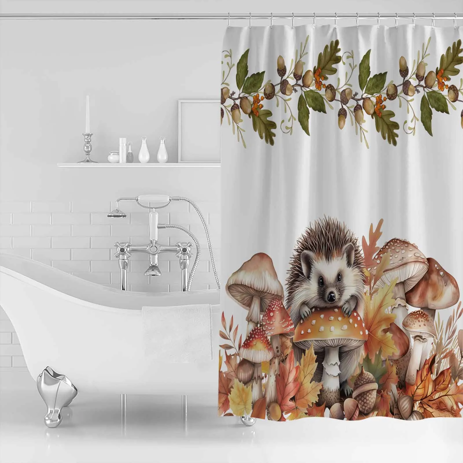 Autumn Leaves Pumpkin Mushroom Hedgehog Shower Curtains Waterproof Bath Curtains Home Decor Modern Luxury Bathroom Curtain