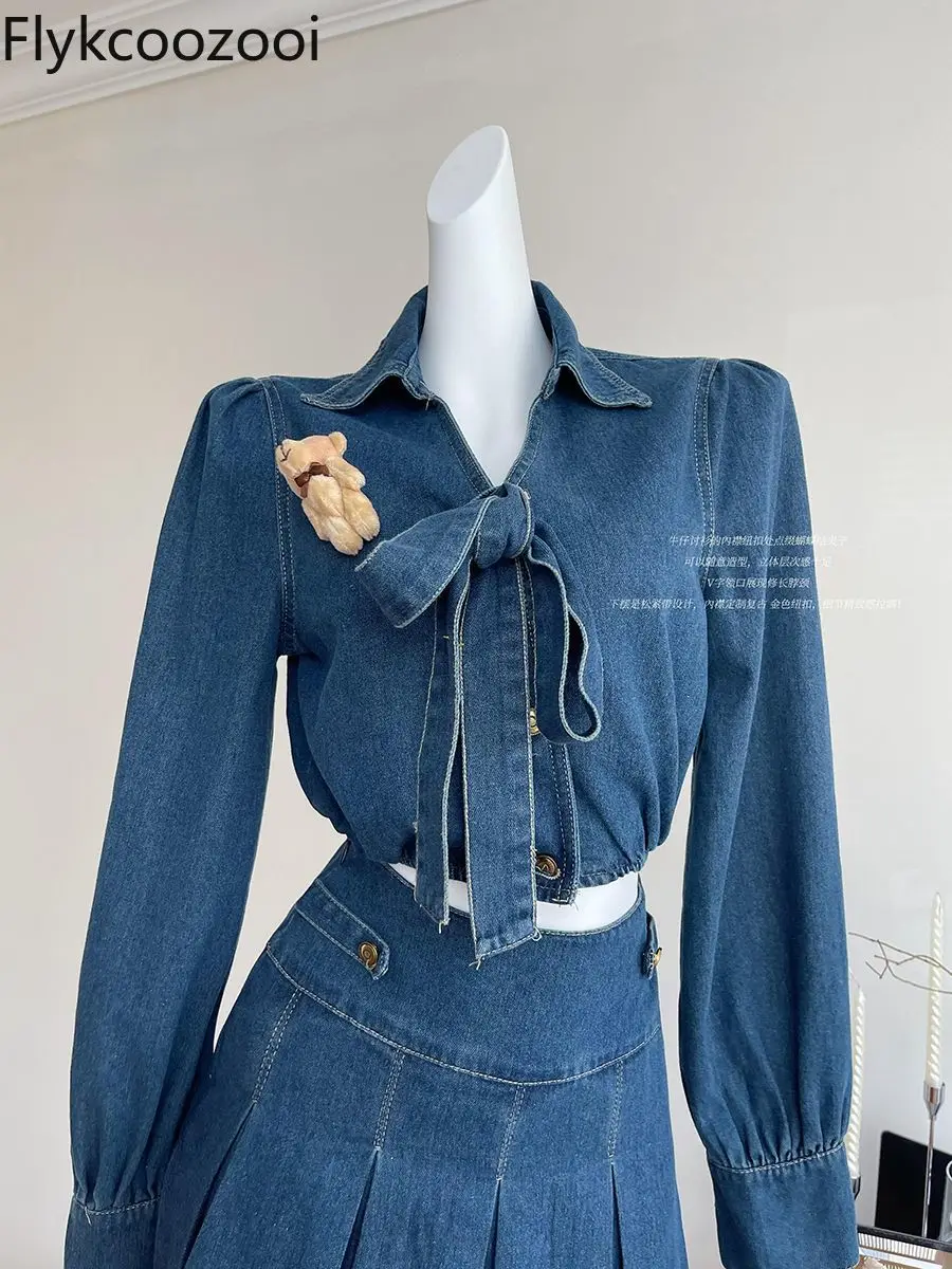 Conjunto Femenino Roupa Elegante French Gentle Wind Sweet Denim Shirt 2024 Summer Bow Top Pleated Skirt Two-piece Set