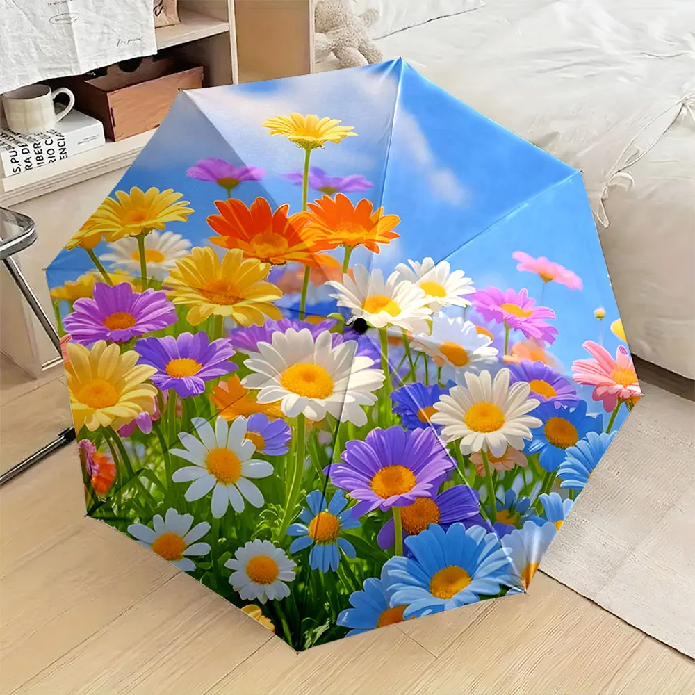 1PC Colorful Daisy Garden Umbrella Adds a Touch of Spring Print 8 Iron Ribs Folding Umbrella Auto-Open Fashion Sunshade