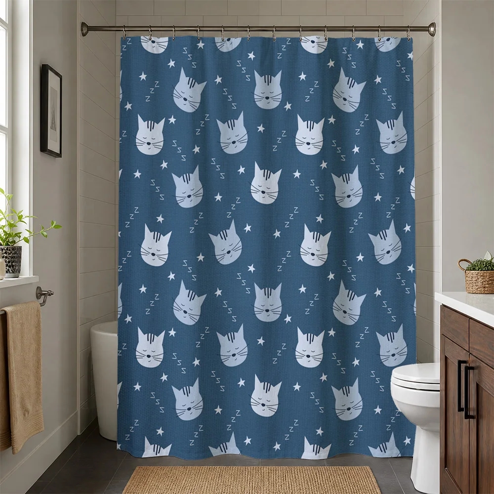 Waterproof Shower Curtain Cat Pattern Blue Bathroom Decor Cute Kitten Shower Liner Waterproof Bath Curtain Decoration for Master