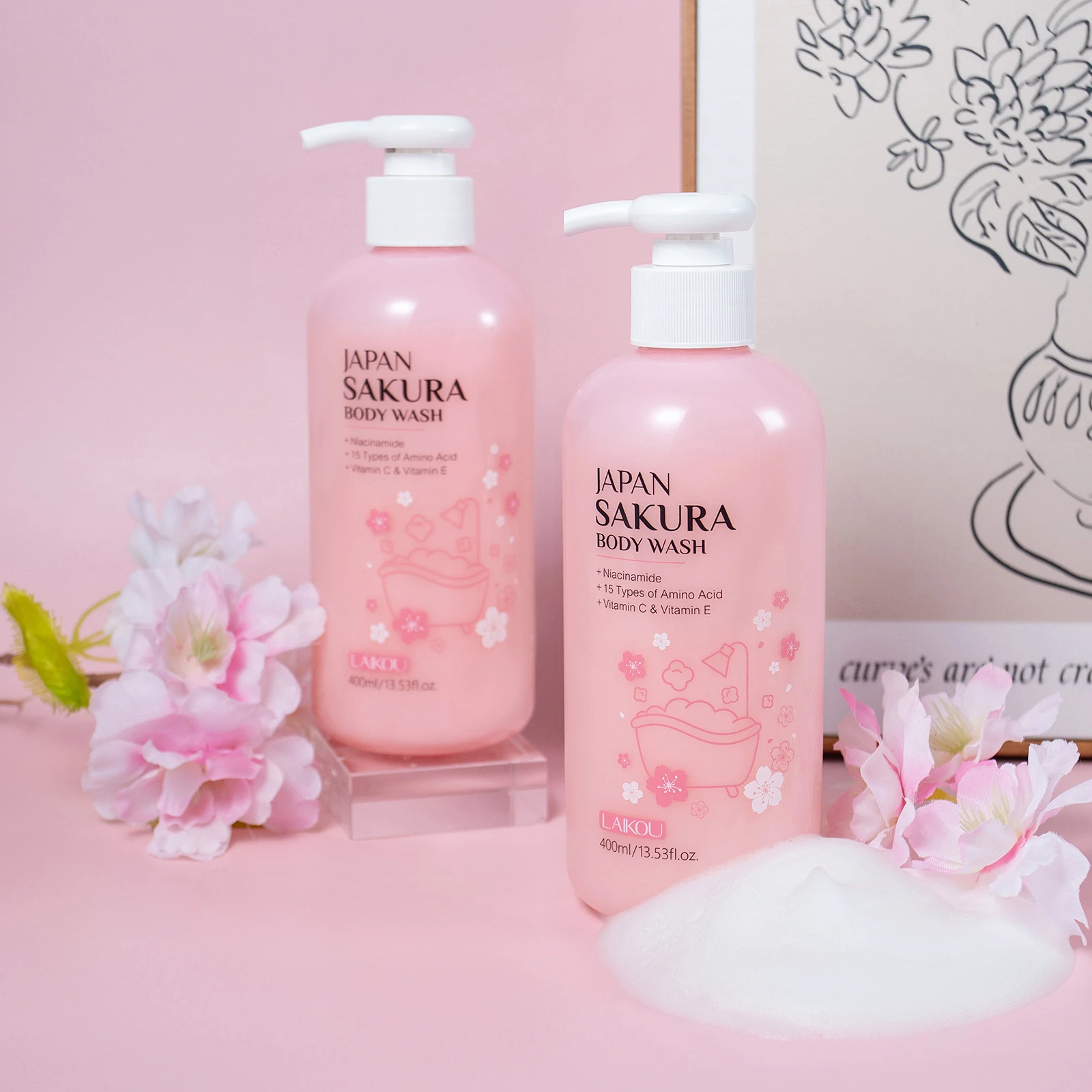 

LAIKOU Cherry Blossom Body Wash, Intense Moisturizing Shower Cream for Dry Skin, Nourishing Bath Soap 400ml Large Size