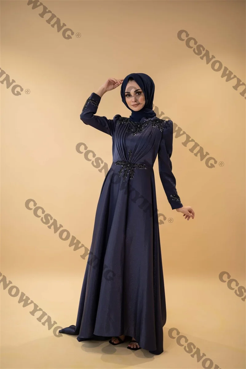 

Navy Blue Satin Beaded Muslim Evening Dresses Hijab Long Sleeve Islamic Formal Party Gown Women Arabic Kaftan Robe De Soiree