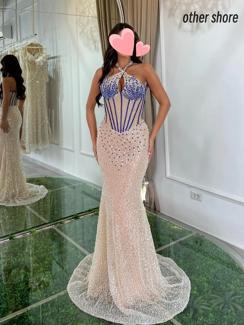 Other Shore Elegant Vintage Sexy Sweet Mermaid Champagne Blue Crystal Customize Formal Occasion Prom Dress Evening Party Gowns