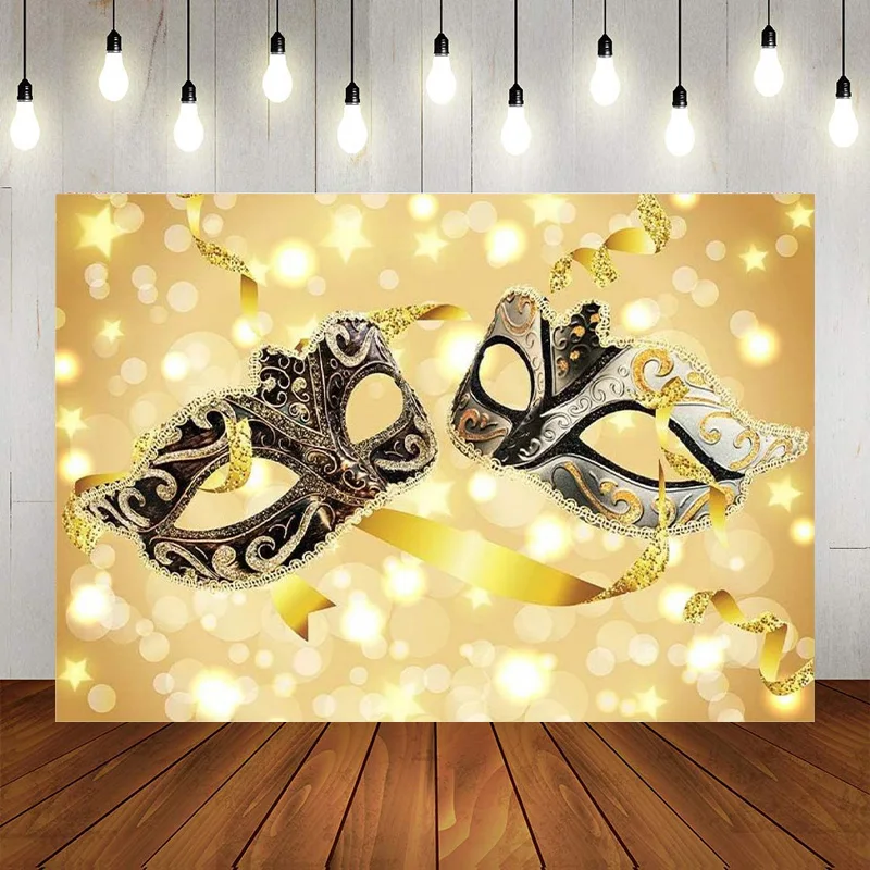 

Gold Masks Backdrop Masquerade Mardi Gras Party Banner Photography Background Photo Studio Props