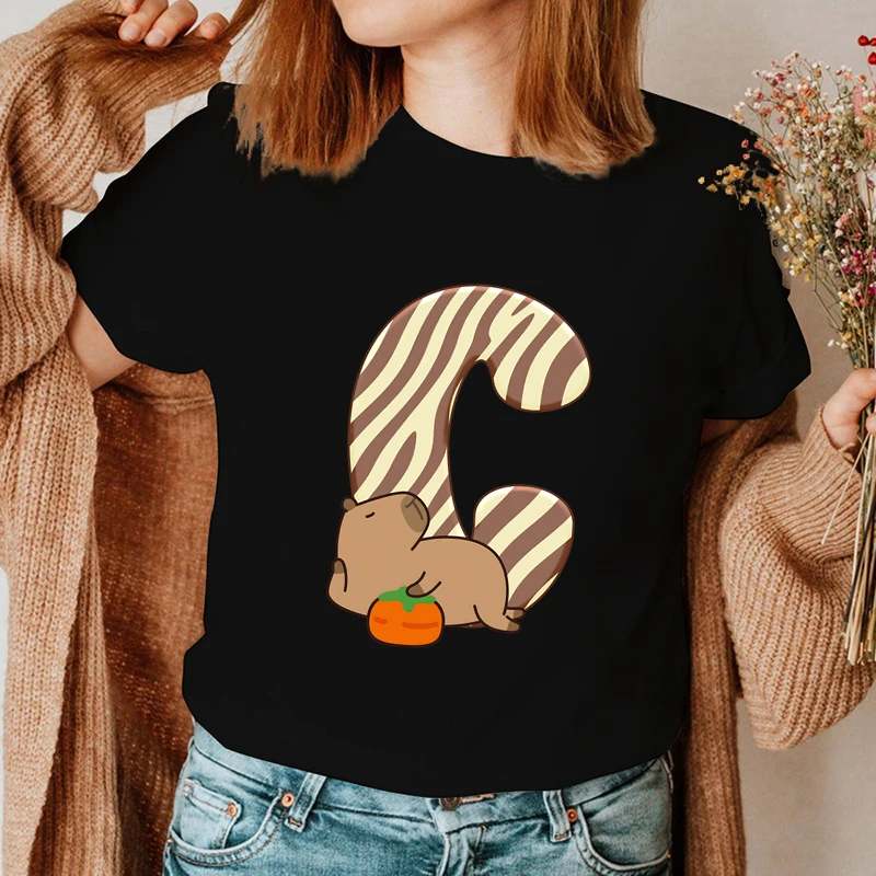 26 English Alphabet Print T Shirt Women New Cartoon Capybara Animal Letter T-shirts Girls Short Sleeve Fun Tshirts Gifts