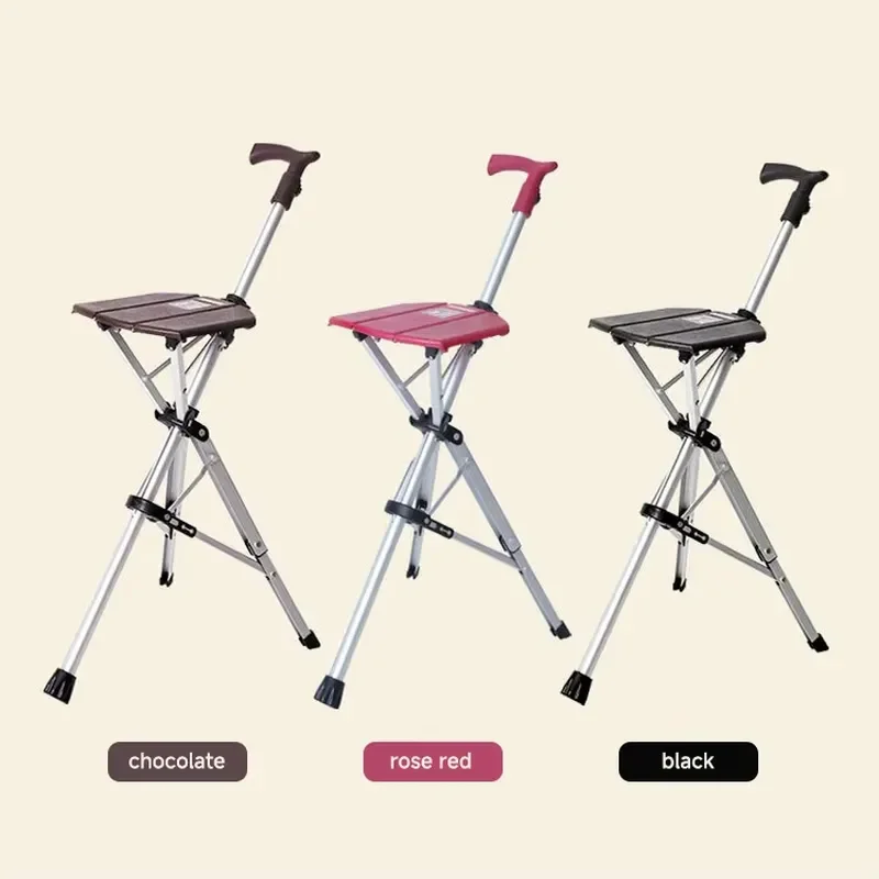 Adjustable Aluminum Rattan Cane with Seat Lightweight Folding Walking Stick Stool for Elderly Adults Outdoor Hiking Support