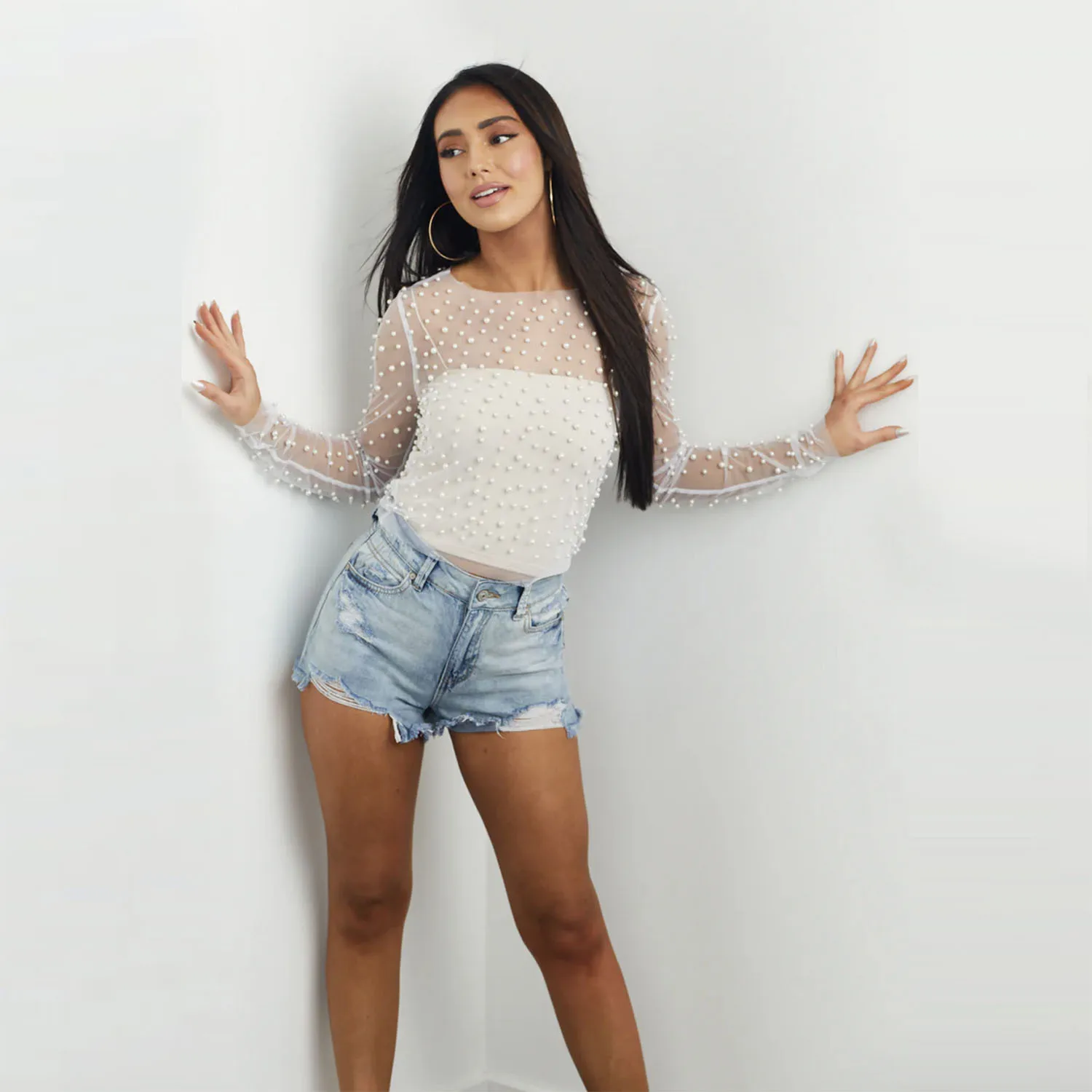 Gtpdpllt Sexy See Through T Shirt Mesh Patchwork Pearl Y2K Tops For Women‘s T-Shirts Elegant Crop Tops 2024 Woman Clothes